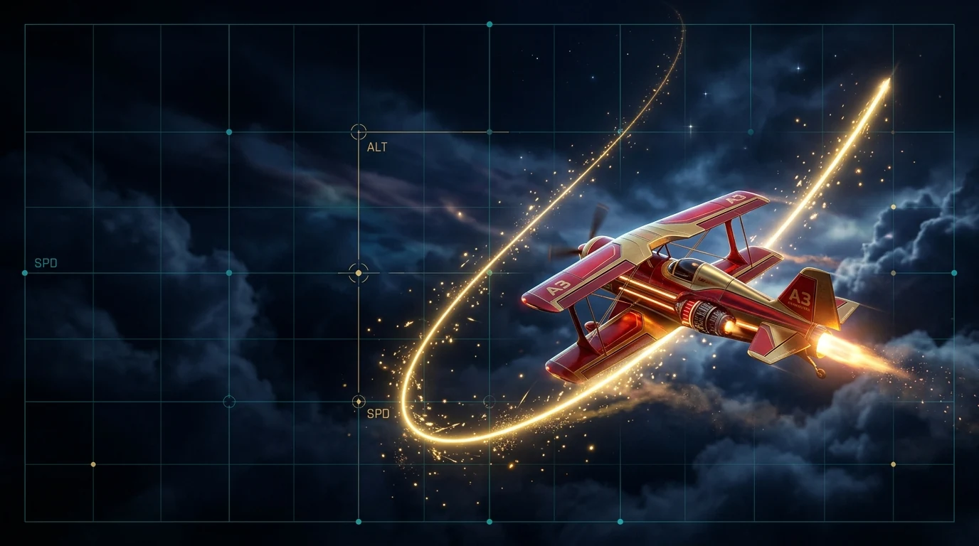Aviamasters red and gold biplane soaring on a golden multiplier curve with afterburner glow, BGaming crash game